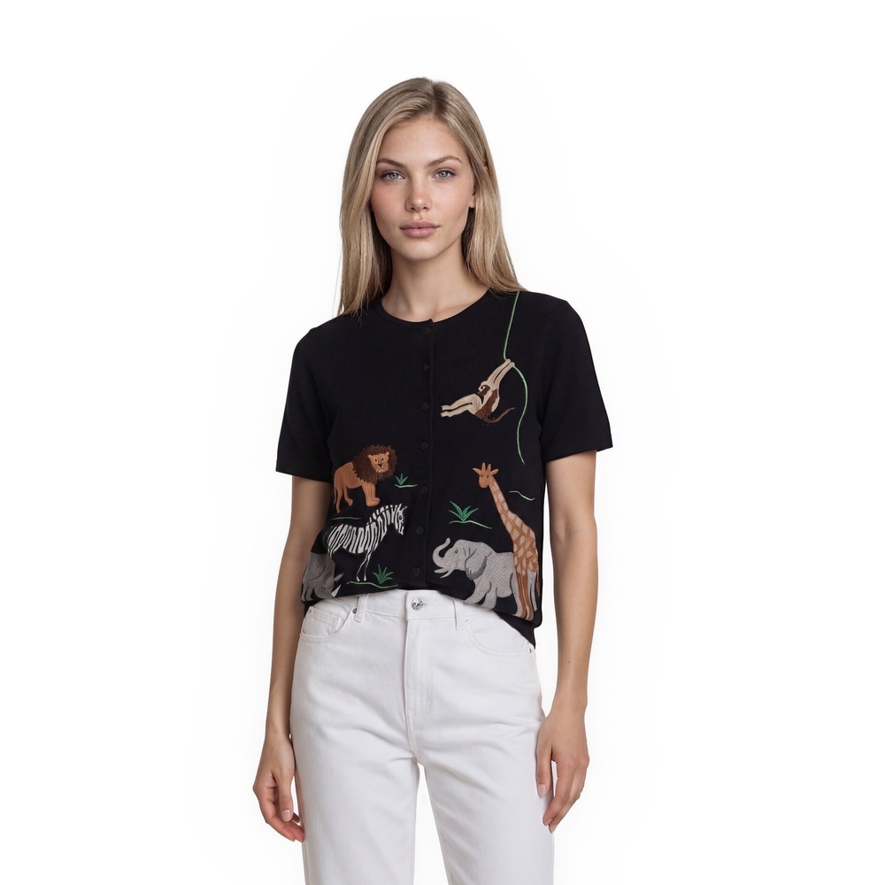 Bechamel Cardigan Top Women's Size Large Black Safari Animal 100% Cotton Vintage